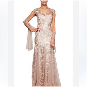 Alex Evenings Rose Lace Gown with Shawl